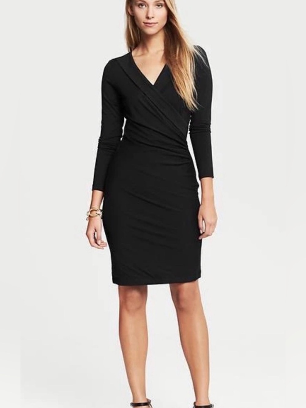 Banana Republic Black Faux-Wrap Long Sleeve Knit Dress Womens Size M